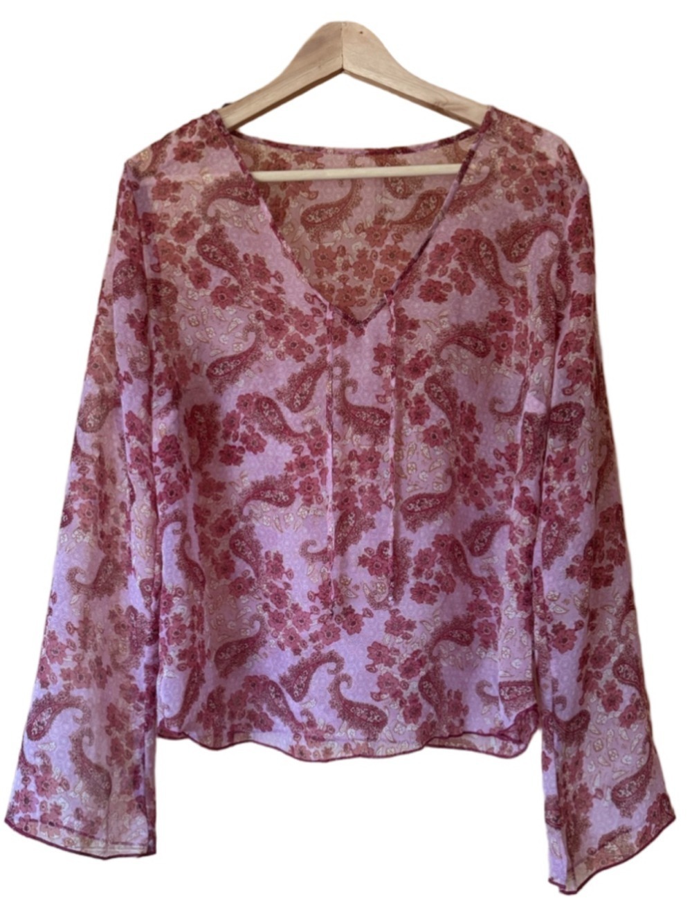 Women's Salmon Coral Pink Paisley Sheer V-Neck Flare Sleeve Blouse